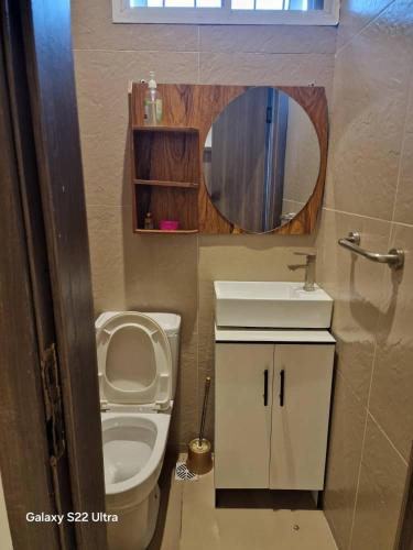 a bathroom with a toilet and a sink and a mirror at Nest Nova in Alagbado