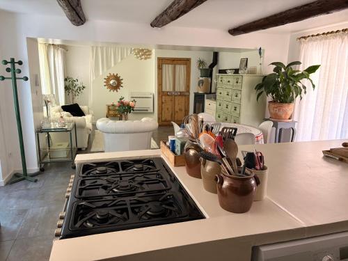 a kitchen with a stove and a counter top at Mas des garrigues in Bouchet