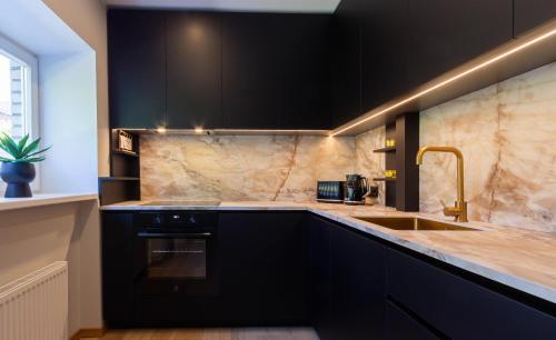 a kitchen with black cabinets and a sink at Uus Street Apartment, Modern Stay near City Centre with Free Parking in Tartu