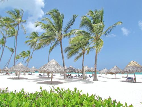 a beach with palm trees and beach chairs at DELUXE OCEAN view VILLAS & Apartments with POOL - PLAYA LOS CORALES, BBQ, SPA in Punta Cana