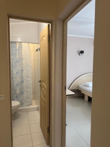 a bathroom with a shower and a toilet and a sink at Asteria in Odesa