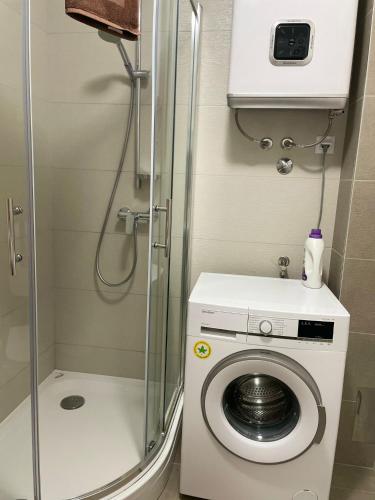 a small bathroom with a washing machine and a shower at Apartman Orkic in Vodnjan