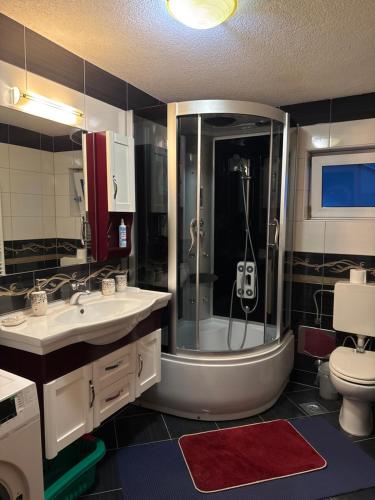 a bathroom with a shower and a sink and a toilet at Apartmani Hrastik 2 in Bihać