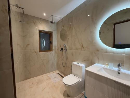a bathroom with a toilet and a sink and a mirror at Vila Sidi in Ksamil