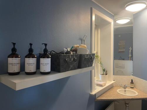 three bottles of wine sitting on a shelf in a bathroom at Rørvig Bed & Kitchen in Rørvig