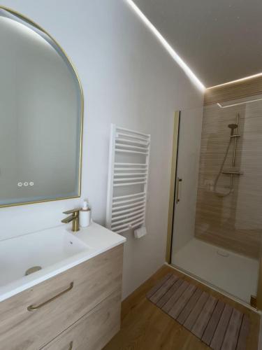a bathroom with a sink and a shower with a mirror at maison bois in La Forest-Landerneau