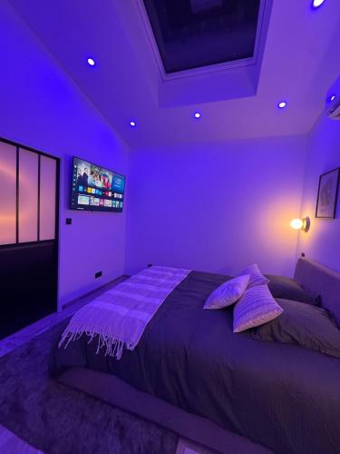 a purple bedroom with a bed and a tv at Hermitage Spa in Dijon