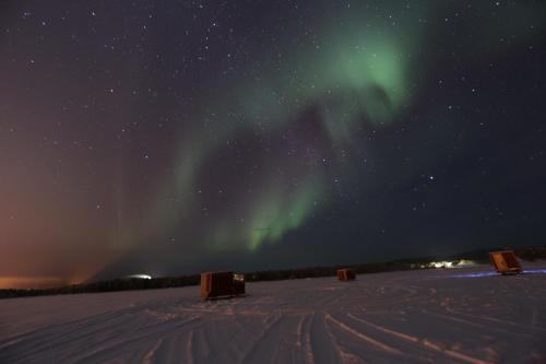 an aurora in the sky over a snow covered field at Lake Inari Mobile Cabins in Inari