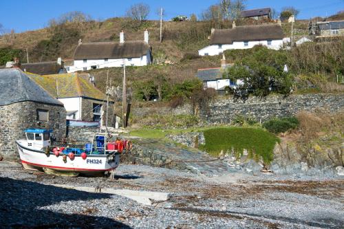 a boat sitting on the shore next to a house at Cliff Cottage in Cadgwith