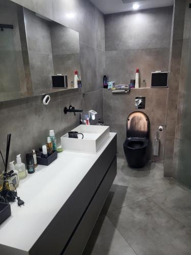 a bathroom with a white sink and a mirror at Garden villa Raanana in Ra‘ananna