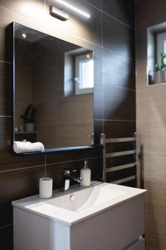 a bathroom with a sink and a large mirror at Malé Lipno 1085 in Černá v Pošumaví
