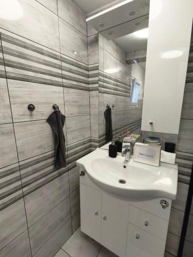 a bathroom with a sink and a mirror at Melba Vendégház in Dömsöd