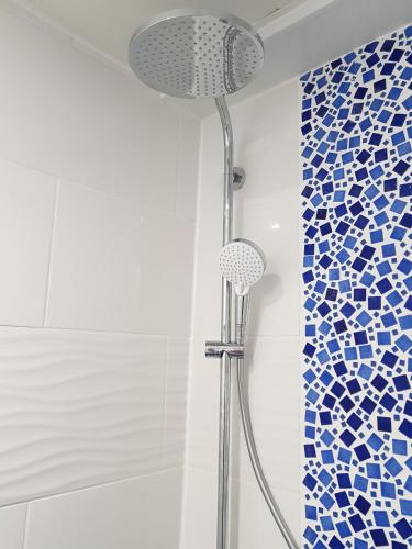 a shower in a bathroom with blue tiles on the wall at La Minoterie 2 Chambre d'hôtes in Le Palais