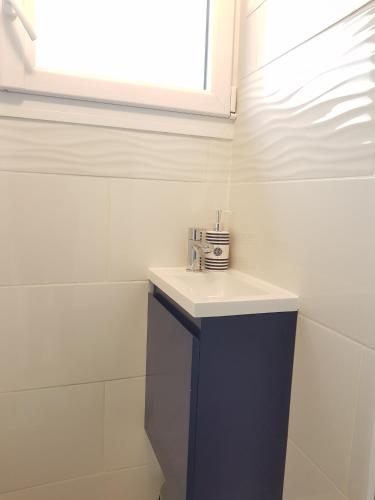 a bathroom with a sink and a window at La Minoterie 2 Chambre d'hôtes in Le Palais
