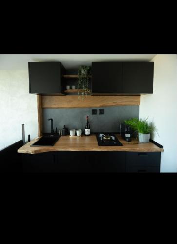 a kitchen with black cabinets and a counter top at Posed pod hviezdami in Modra