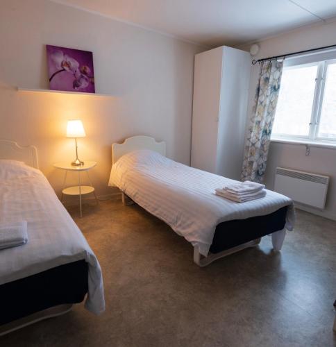 a bedroom with two beds and a window at Björklunden in Sollefteå