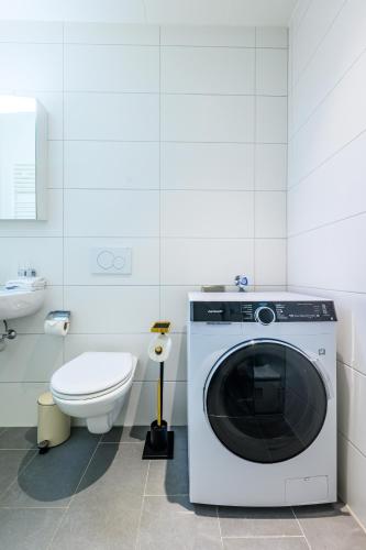 a washing machine in a bathroom with a toilet at Casa Rheinblick - Apartment D in Basel