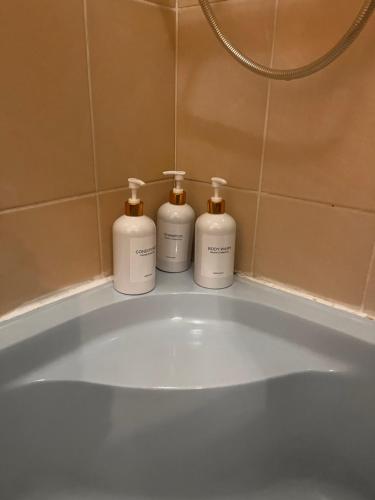 three bottles of soap sitting on top of a bath tub at City Relax 2 in Bălţi