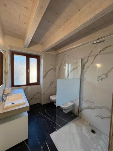a bathroom with a shower and a sink and a toilet at Casa Gloria in Zelbio