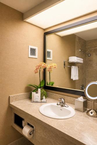 a bathroom with a sink and a mirror at USC Hotel in Los Angeles
