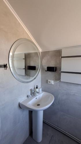 a bathroom with a sink and a mirror at Bukhouse Carpathians in Krivorovnya
