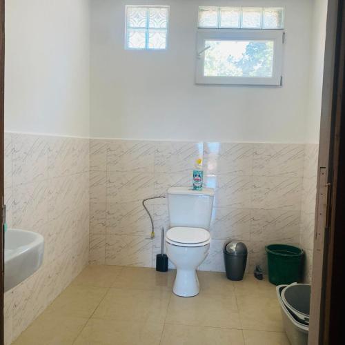 a bathroom with a toilet and a sink and a window at Le Jardin du soleil in Ifaty