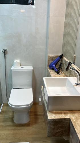 a bathroom with a white toilet and a sink at Chalé A-Frame em Garanhuns - PE/ Rota do Frio in Garanhuns