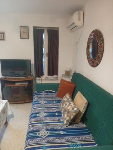 a living room with a green couch and a television at Summer House in Dar Salah Bey