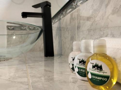 two bottles of soap and a sink in a bathroom at Hotel Ensueño del Bosque Valle de Bravo in Valle de Bravo