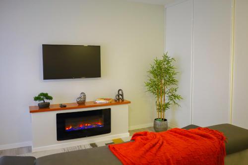 a living room with a fireplace with a tv on the wall at Dreamscape Villa in Ponta Delgada