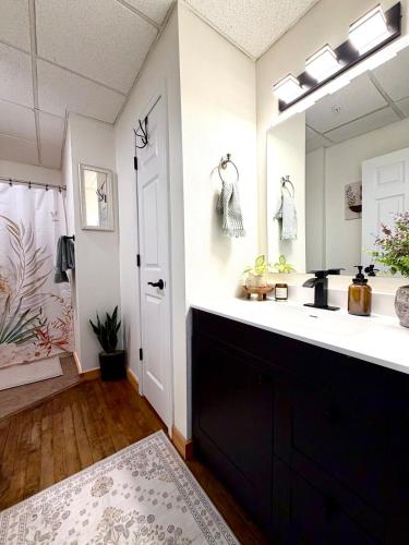 a bathroom with a sink and a large mirror at Lake Avenue Lofts- Cascade in Duluth