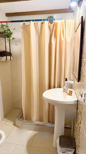 a bathroom with a sink and a shower curtain at Studio Jael Rivera in San Antonio