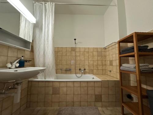 a bathroom with a bath tub and a sink at Abeilles in La Chaux-de-Fonds