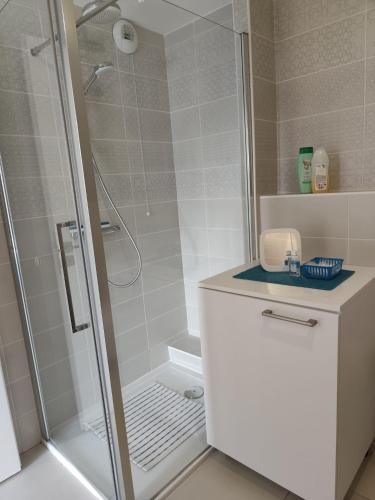 a bathroom with a shower with a glass door at Beautiful Sea View Home Overlooking Monaco in Beausoleil