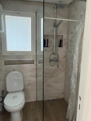 a bathroom with a toilet and a shower with a window at Smirpark appartement in M'diq