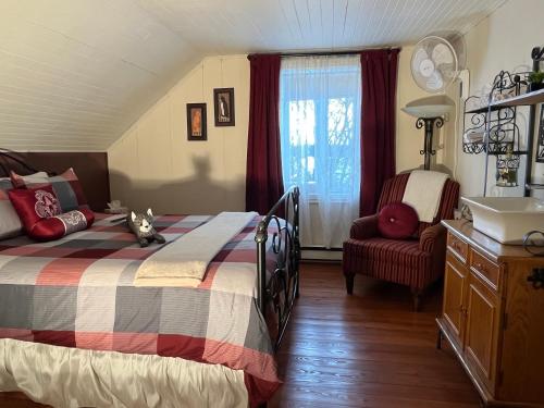a bedroom with a bed with a cat sitting on it at La maison du petit rang in Saint-Éloi