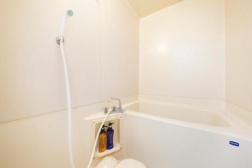 a white bathroom with a shower and a toilet at Fujinomiya Green Hotel in Fujinomiya