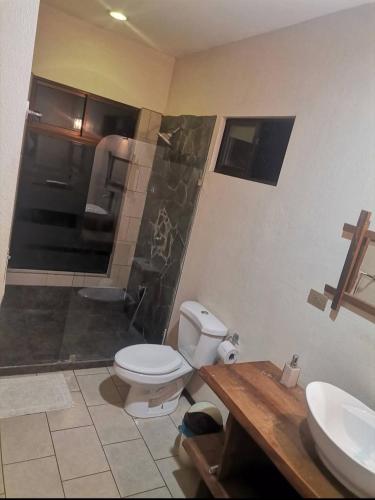 a bathroom with a toilet and a sink and a shower at Casa Mango in Florencia