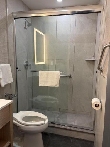 a bathroom with a glass shower with a toilet at Midway Motel in Patchogue