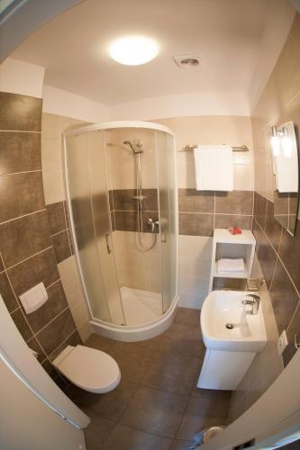 a bathroom with a shower and a toilet and a sink at Gospodarstwo Kochańscy in Stargard