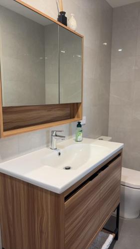 a bathroom with a sink and a mirror and a toilet at Sunlit Lodge in Rochedale South