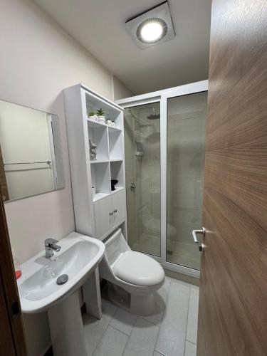 a bathroom with a toilet and a sink and a shower at Apartamento ignacio in Tegucigalpa