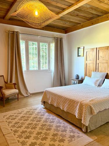 a bedroom with a bed and a chandelier at Mas des Prevots B&B in Noves