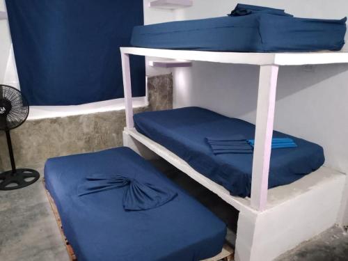 a couple of bunk beds with blue sheets on them at POSADA VSTIKIBAR & RESTAURANt in Rincón del Pirata