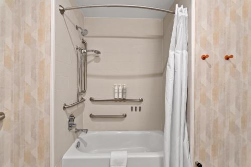 a bathroom with a shower and a tub and a toilet at Hampton Inn By Hilton Wharton in Wharton