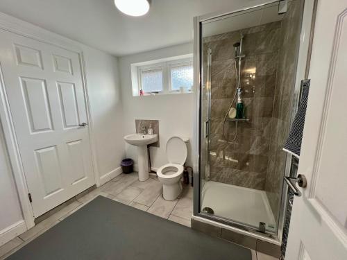 a bathroom with a toilet and a glass shower at Summerhill by suspire in Ashford