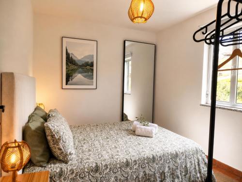 a bedroom with a bed and a mirror at Casa D'os Eiras in Aguiar da Beira