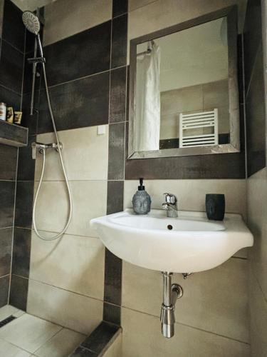 a bathroom with a sink and a mirror at Apartment city centrum in Nitra