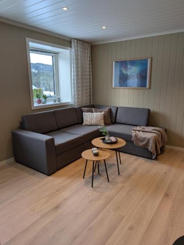 a living room with a couch and a table at Leilighet på Voss in Vossevangen