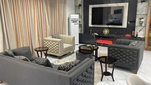 a living room with two couches and a tv at Vineyardcourts Apartment in Lagos